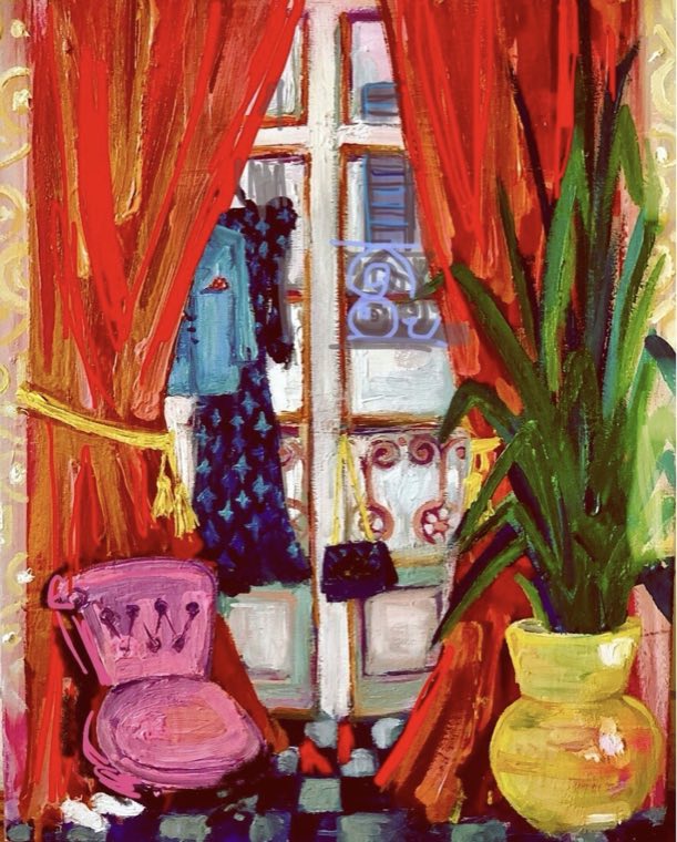 Florence — olio su tela, finestra con tende rosse